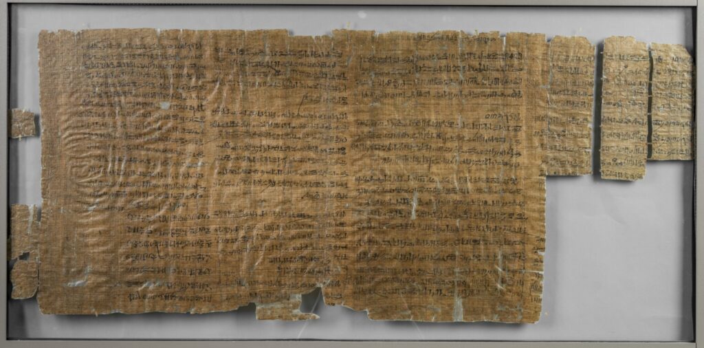 Image of an ancient scroll papyrus encased behind glass.