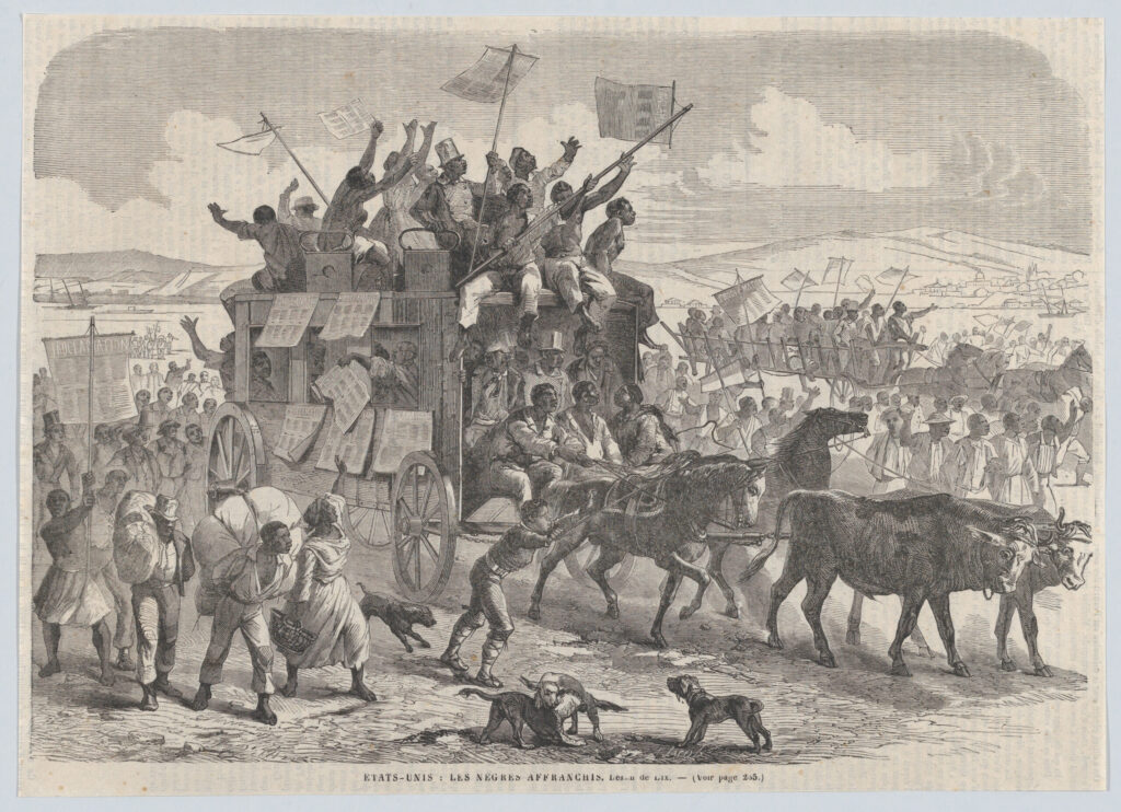 19th-century engraved illustration of newly freed African Americans celebrating while riding on a large wagon pulled by oxen and horses, waving flags and newspapers as crowds walk alongside during a public procession
