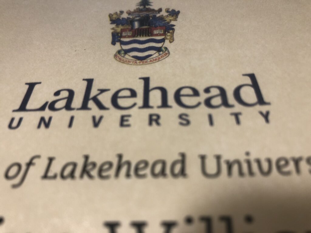 Photo of a graduation parchment from Lakehead University.