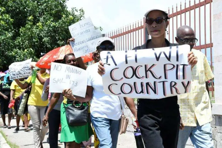 Several Jamaican people are marching with signs.